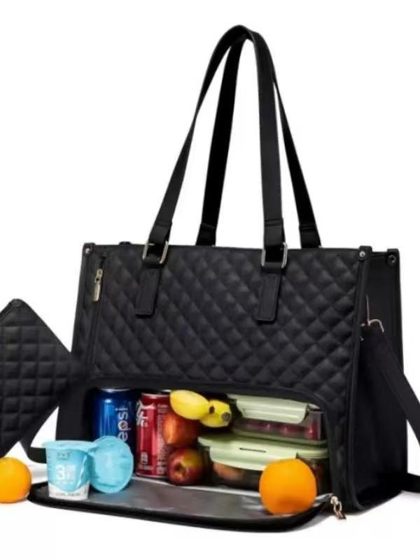 Diamond Pattern 2-in-1 Commuting Tote: Large Capacity Crossbody Handbag, Insulated Lunch Bag, Mommy Shoulder Bag.