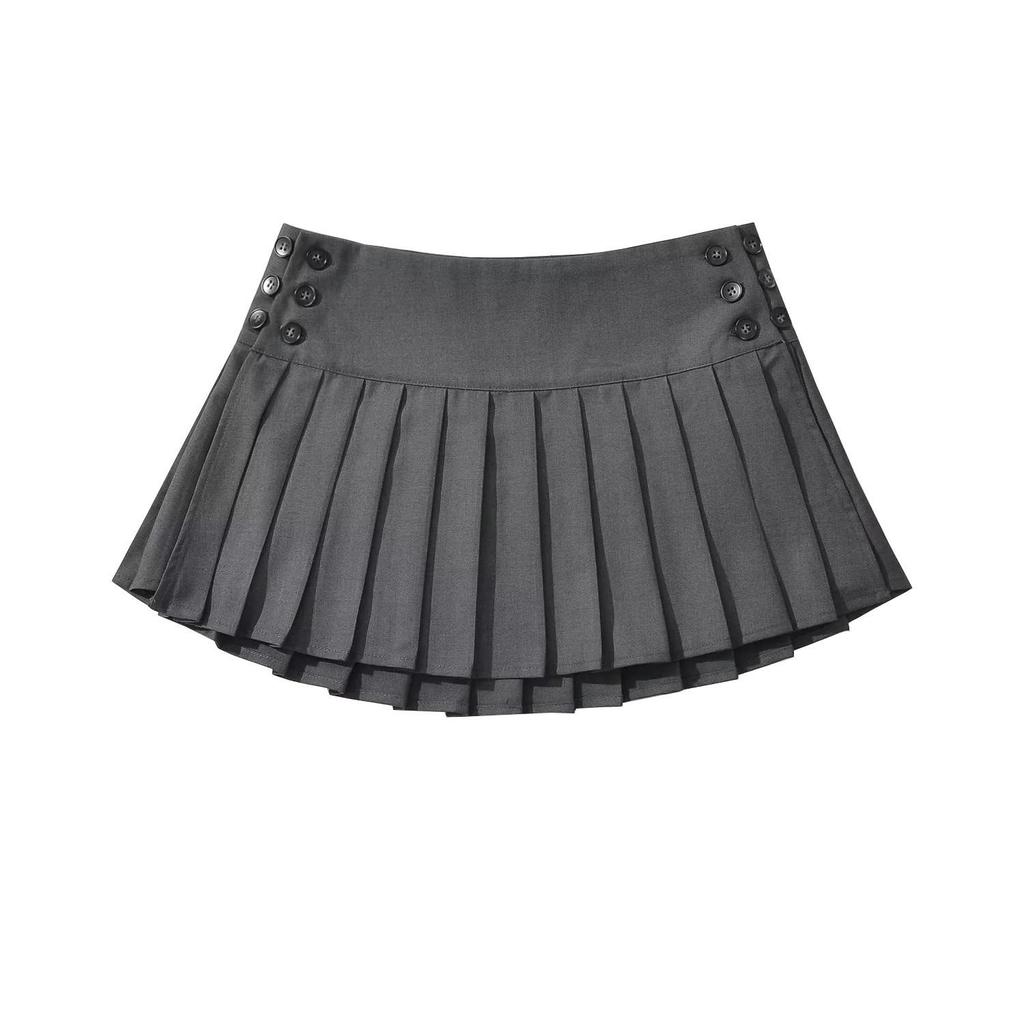 Autumn Chic: Retro A-Line Pleated Mini Skirt with Adjustable Buttons