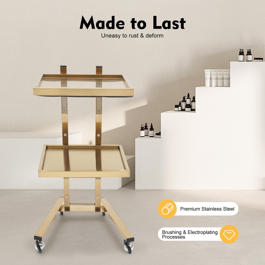 Carrello a 2 ripiani per salone di parrucchiere con ruote, organizer per prodotti di bellezza in acciaio inossidabile color oro, carrello con rotelle per salone, casa, spa