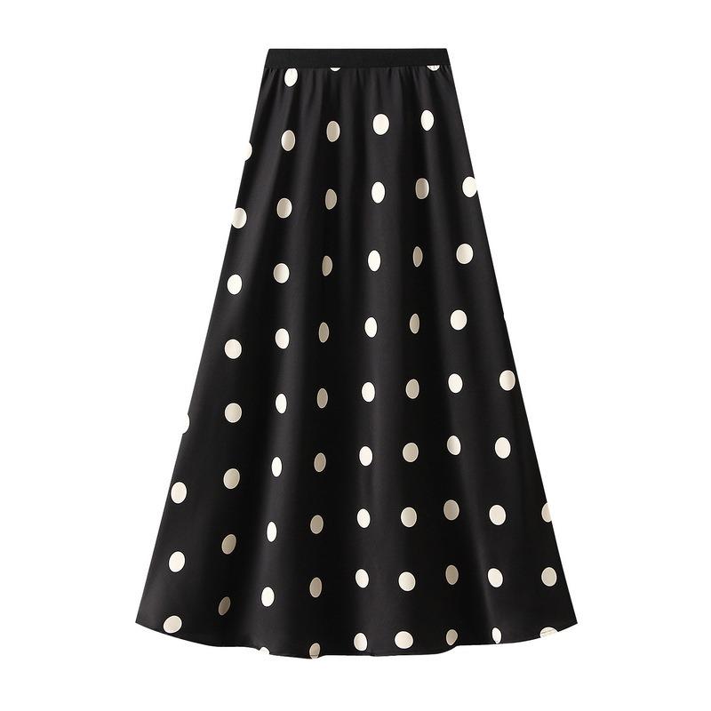 Qooth French Vintage Acetate Satin Polka Dot Mermaid Maxi Skirt Elegant Flowy Long Half Skirt for Women Slimming & Versatile