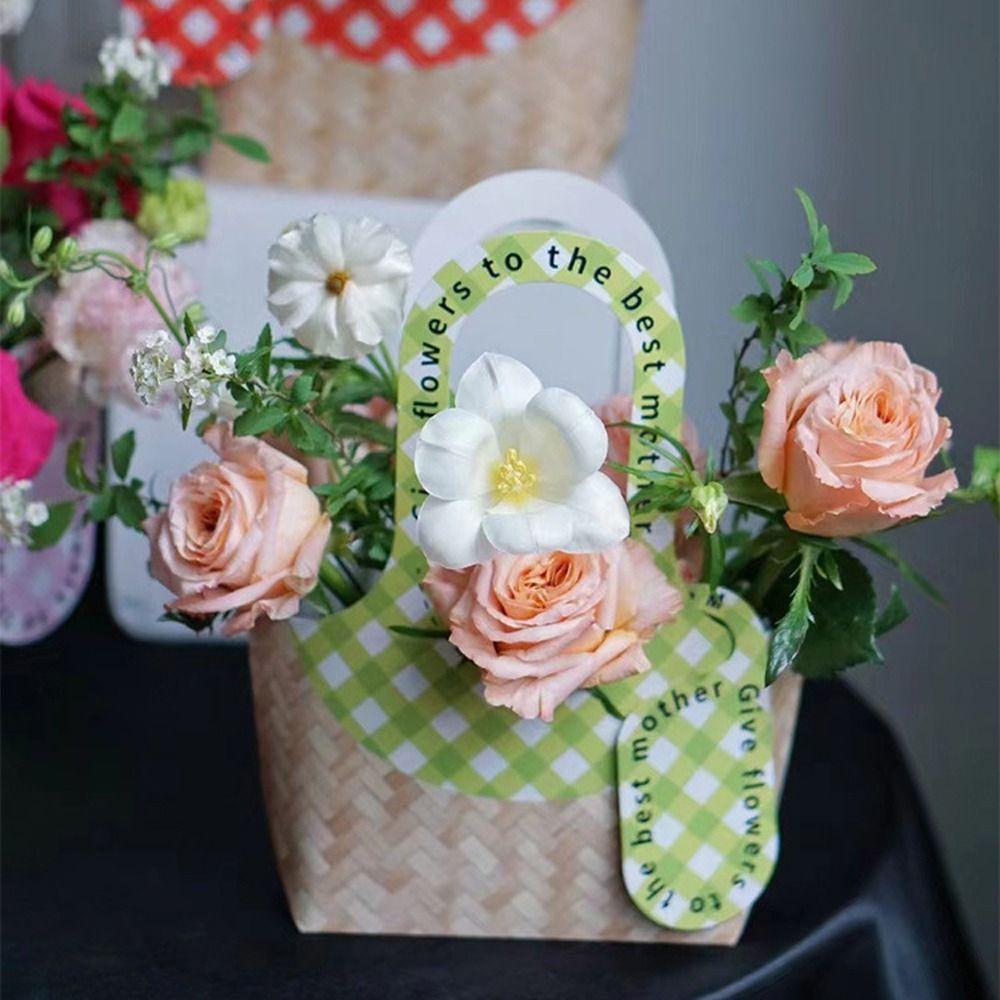 

5pcs Woven Design Flower Packaging Bag Romantic Flower Basket Party Supplies зелений