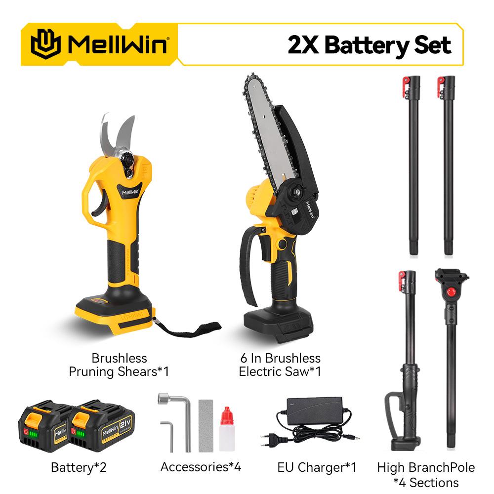 MELLWIN Perche télescopique 200cm Électrique sans balais Tronçonneuse 6 pouces Cisailles pour hautes branches Outil de jardinage pour batterie 18V 21V