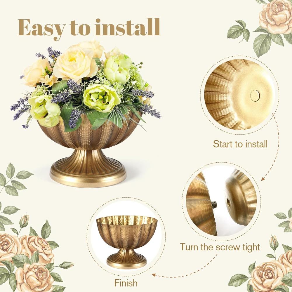 2pcs Distressed Golden Compote Pedestal Vases Antique Metal Large Golden Compote Bowl Vase for Centerpieces with Waterproof Liner