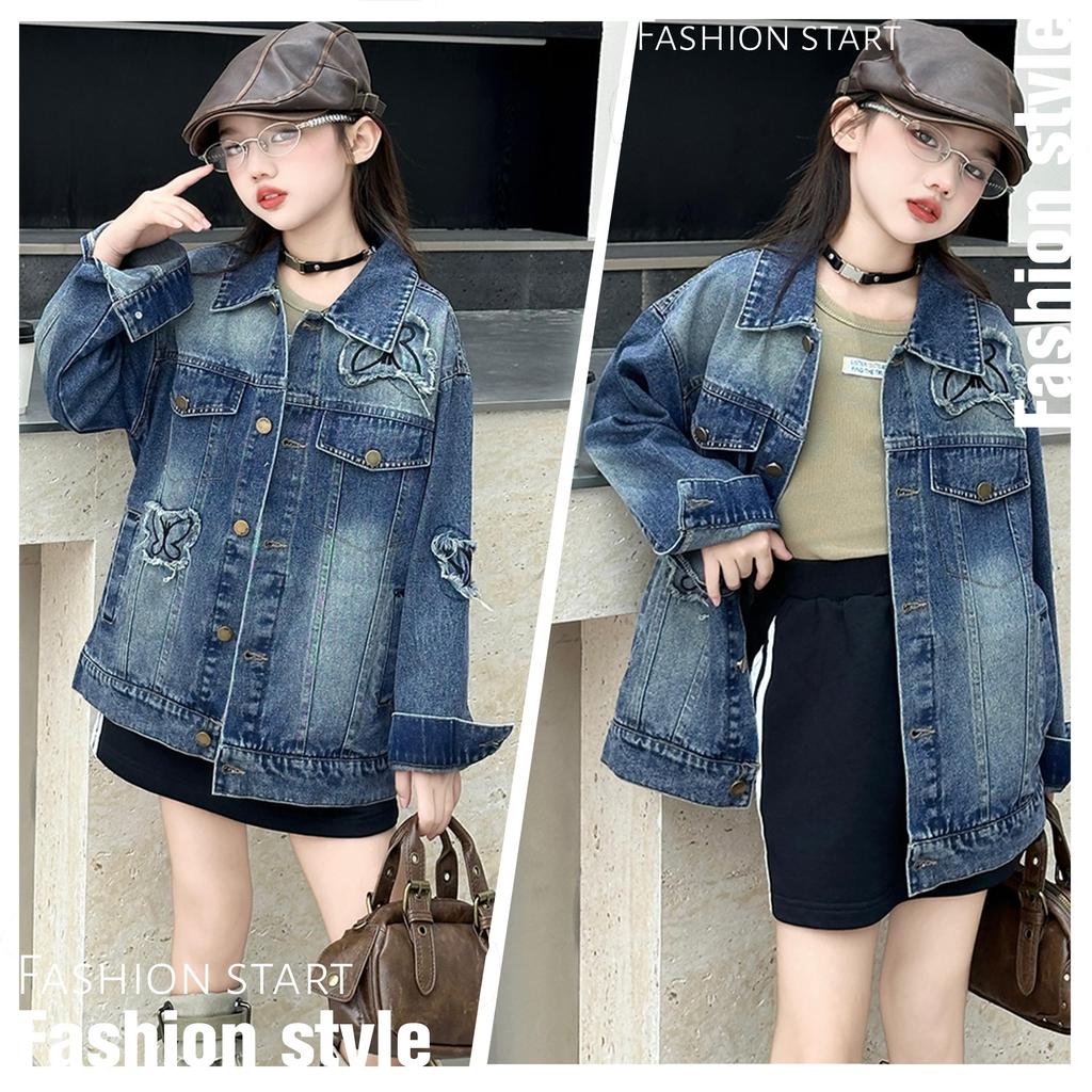 Rolanko Denim Outerwear for and Butterfly Size 140 Girls' Jacket, Spring, Autumn, Winter, Blue, Print,