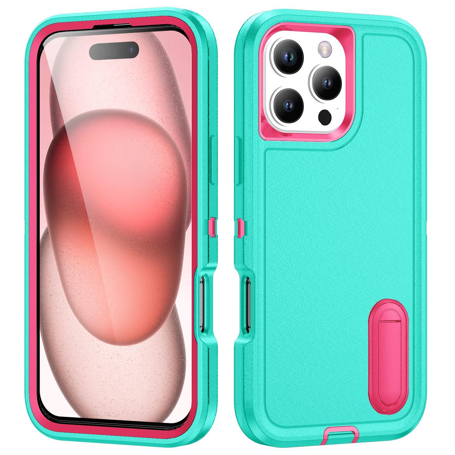 For iPhone 16 Pro Case PC+Silicone+EVA 3-in-1 Protective Phone Cover with Kickstand F