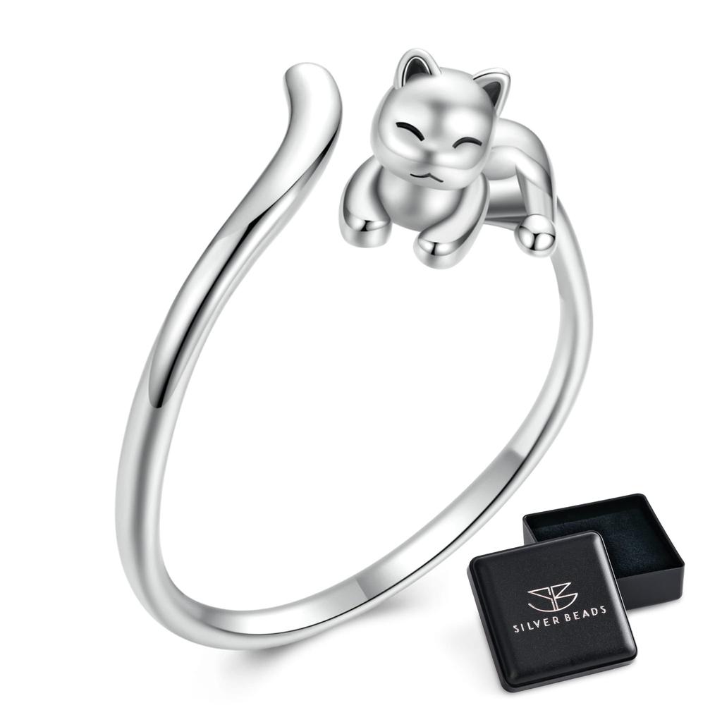 Silver Adjustable Ring, Charming Cat with a Long Tail, Silver 925