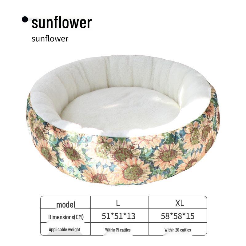 Cozy Cotton Linen Cat Bed - Warm, Easy-to-Clean, Printed Round Nest for Kittens