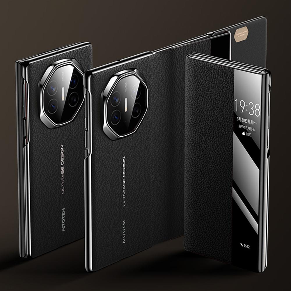 For Huawei Mate XT Ultimate Case View Window Genuine Cow Leather+PC Electroplating Phone Cover