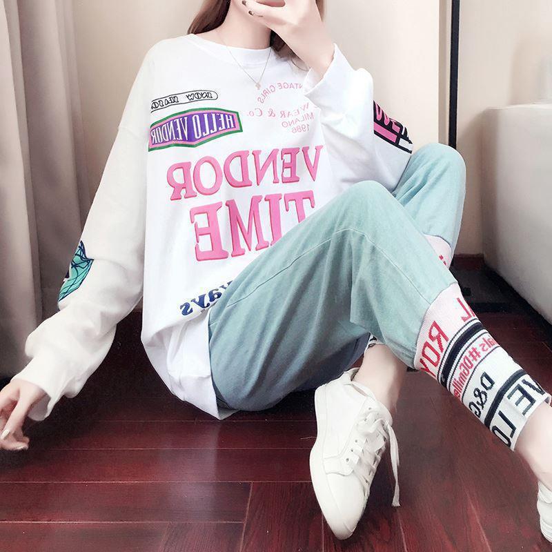Two-piece Suit for Women's Sports and Leisure Autumn Student Hip-hop Sweatshirt Fashion Large Size Korean Style Loose Suit