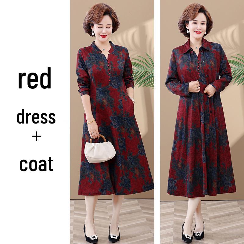 Elegant Autumn Trench Coat Dress Set for Mature Women: Long-Sleeved, Over-the-Knee Two-Piece with Stylish Design