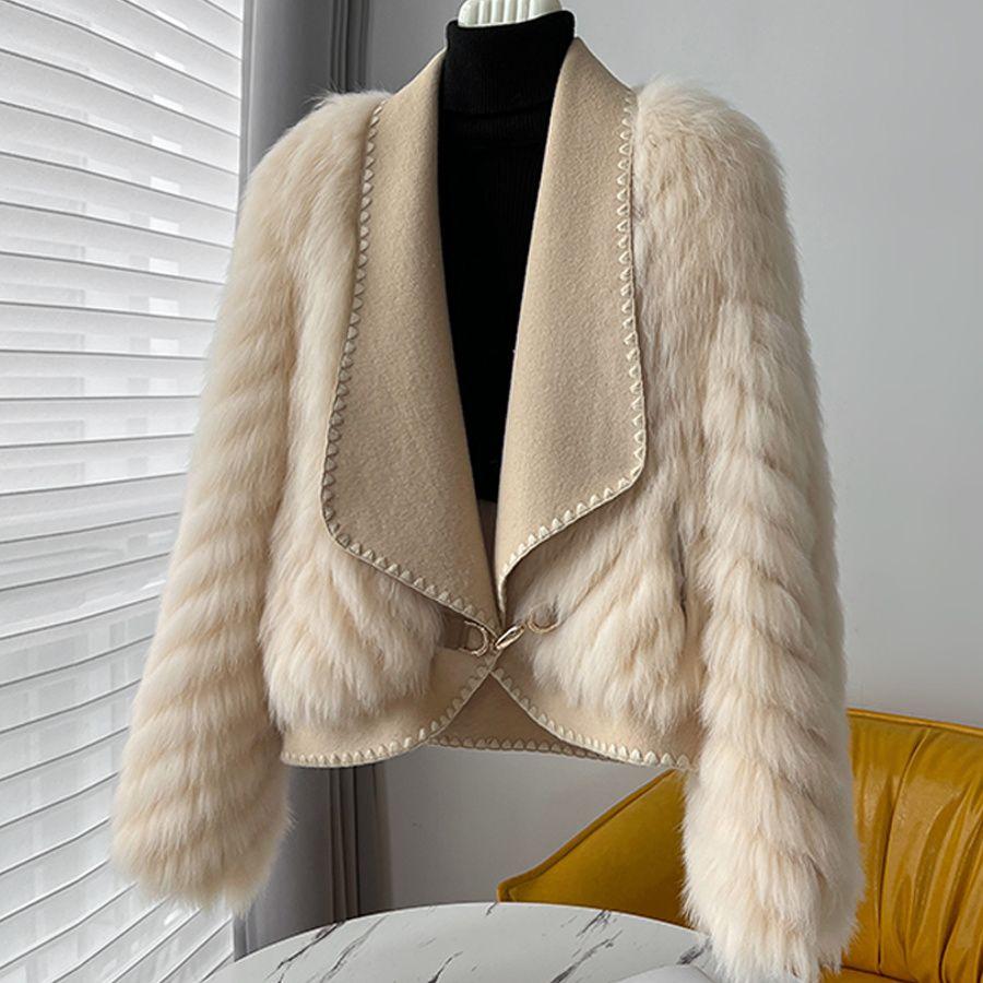 Winter Faux Fur Coat Women Short Wool Fashion Open Front Jacket with Fur Collar