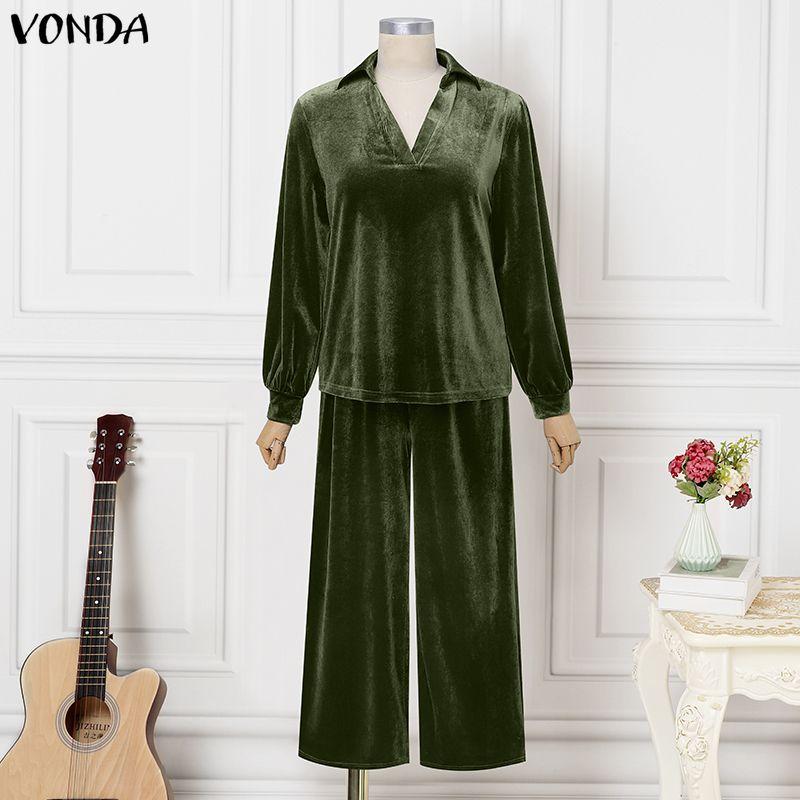 VONDA Autumn Spring Womens Velvet Two Piece Sets V Neck Long Sleeve Tops Wide Leg Pants Tracksuit Outfits