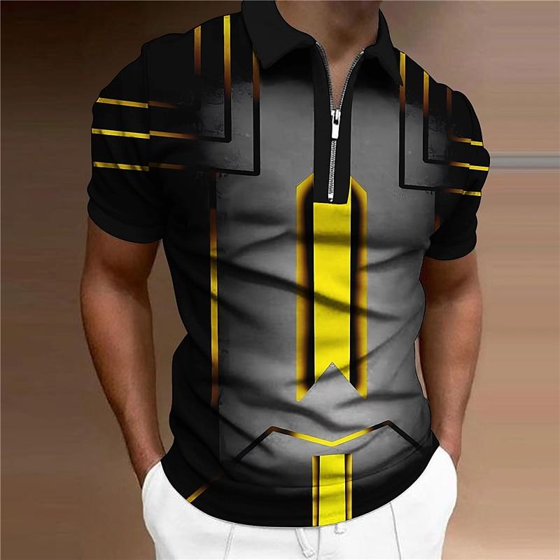 Erkek Gömlek Polo Casual Fermuar Kısa Kollu Moda Casual Fermuar Yaz Bahar Normal Kesim 3D Sarı Ok Baskılı Gömlek