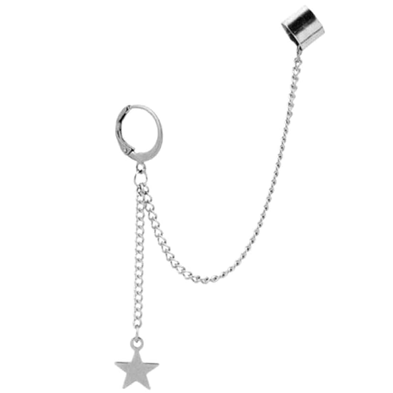 

[Green Piercing] Stainless Steel ear cuff earrings chain fake earrings korean model silver (star)