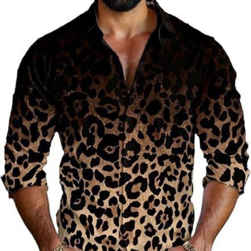 Mens Fashion Leopard 3d Print Casual Breathable Long Sleeve Shirt