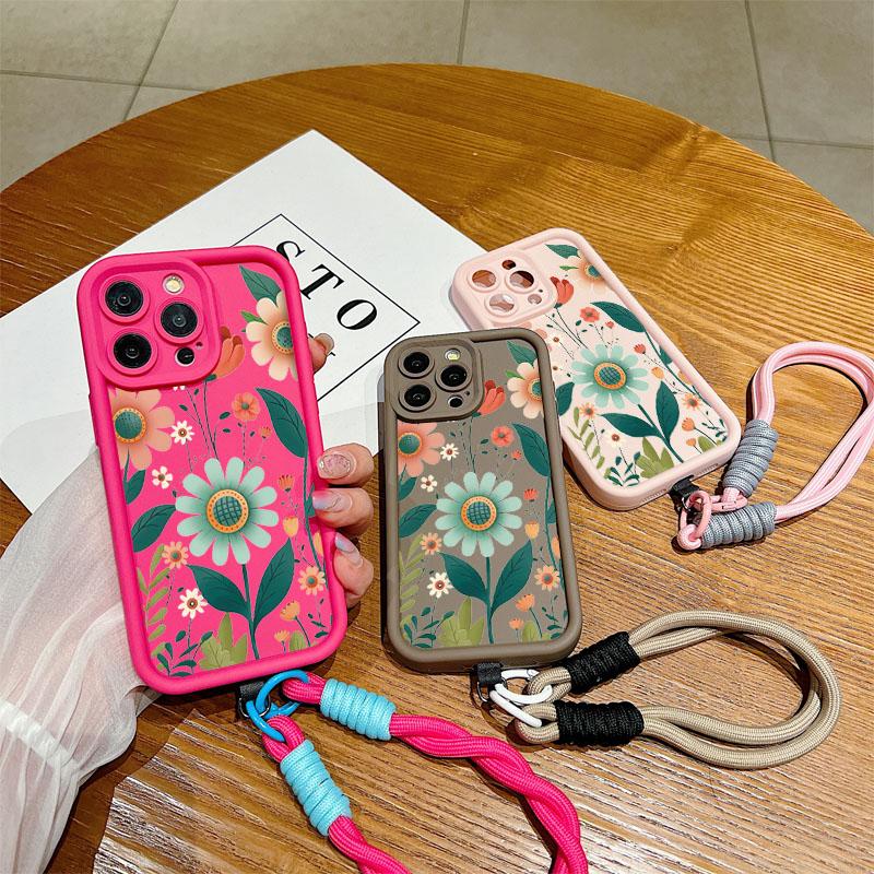 Wrist Chain Lanyard Phone Case for iPhone 11 12 13 14 15 16 Pro MAX XS Max XR 7 8 16 Plus Cute Flower Hand Strap Soft TPU Cover