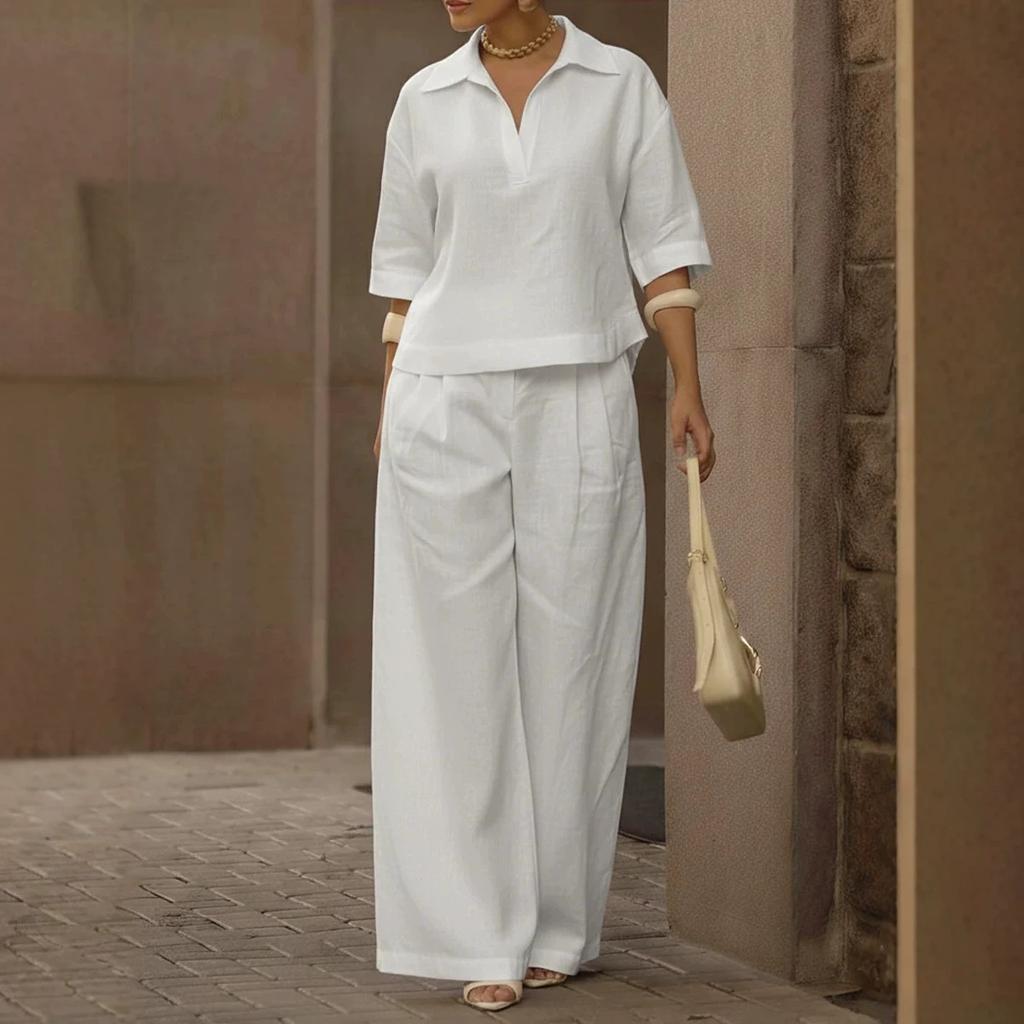 2026 European and American cross-border Amazon independent station spring and summer new solid color set, thin versatile wide-leg pants two-piece set