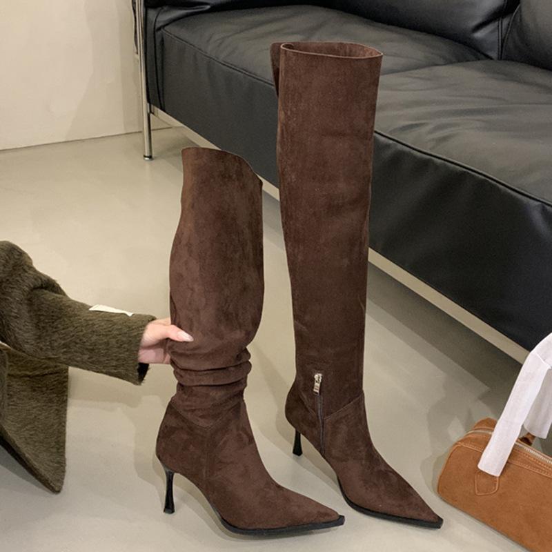Two over-the-knee boots Wear large tube circumference suede pointed heel high heel pleated piled boots 40 коричневый 4100₽