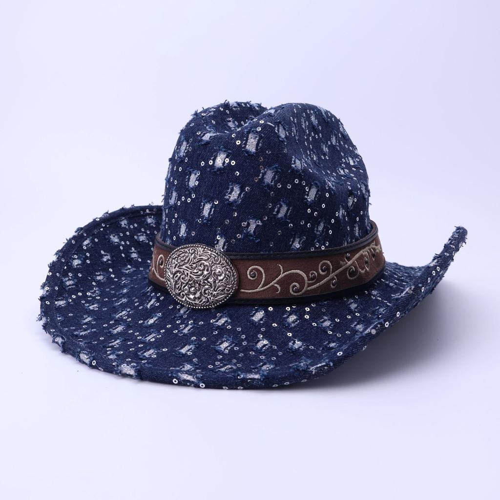 Stylish And High-Quality Old Denim Warped Edge Jazz Hat Can Be Worn In All Seasons, Men'S And Women'S Top Hats, Western Denim Hats