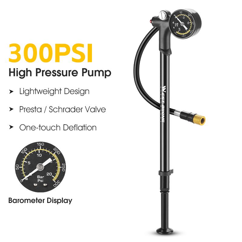WEST BIKING 300PSI High Pressure Bicycle Pump With Gauge for Fork & Rear Suspension Portable Presta Schrader Valve Inflator