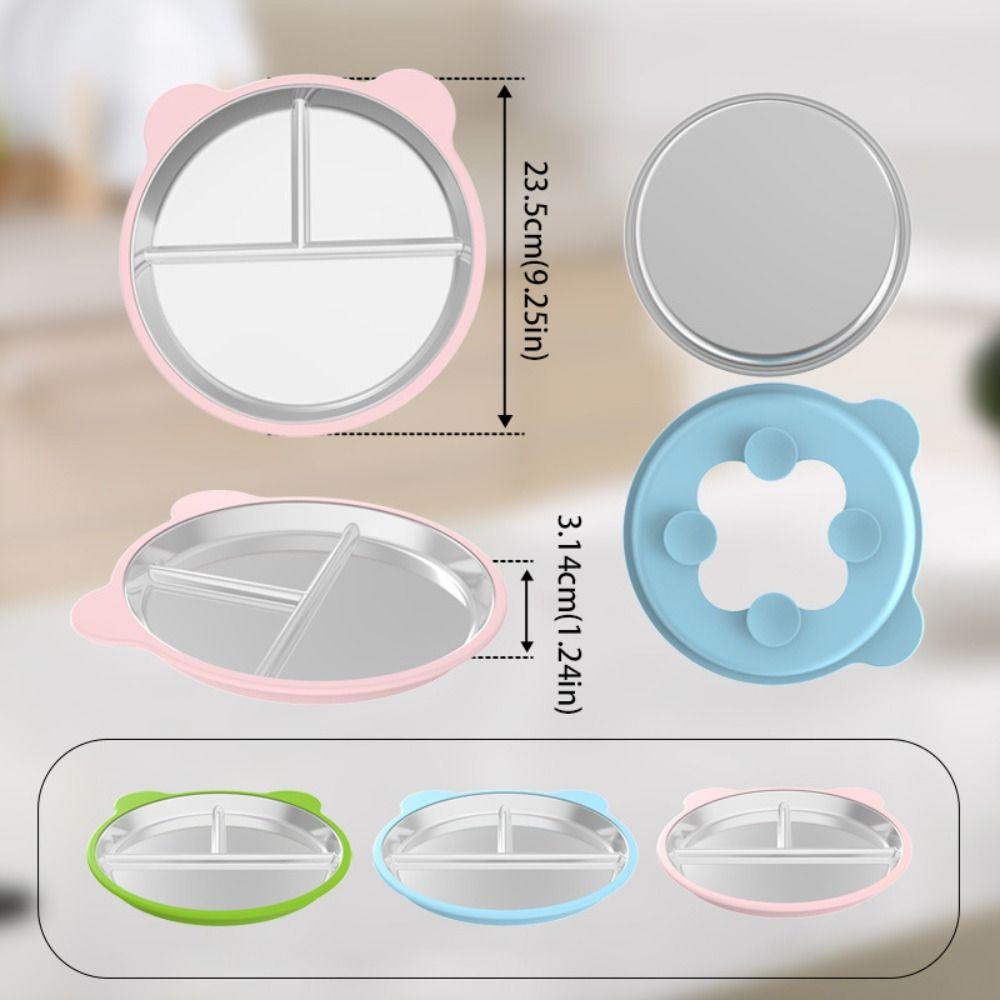 Bear Shape Suction Cup Dining Plate 304 Stainless Steel 3 Grids Kids Feeding Plate Drop-proof Anti-flip Sucker Children Dishes