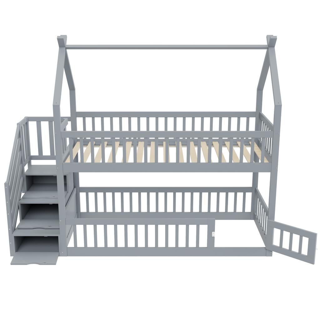 90x200 Children's Bunk Bed Solid Wood Bed with Roof, Safety Stairs and Storage Drawers, Storage Children's Bed Single Bed Gray