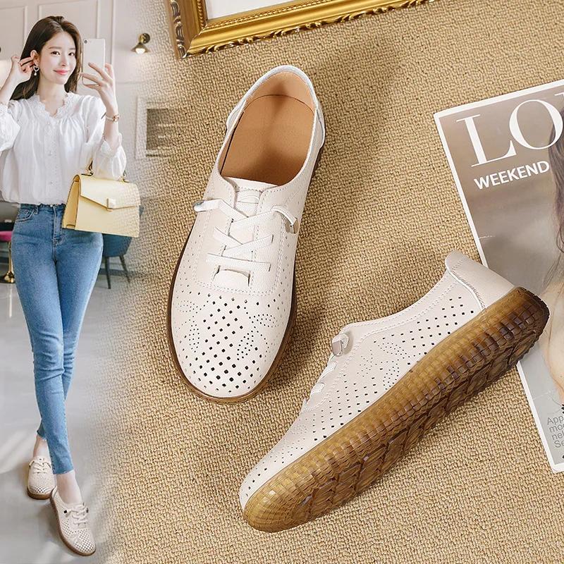 Outdoor Women Jogging Casual Shoes Cow Leather Soft Sole Slip-on Flat Loafers Ladies Sneakers Breathable Walking Trainers Summer
