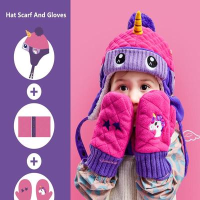 Dinosaur Unicorn Style Kids Winter Hats  Scarfs Baby Winter Cap Children Warm Gloves For Boys Girls Suit Hat Scarf And Gloves