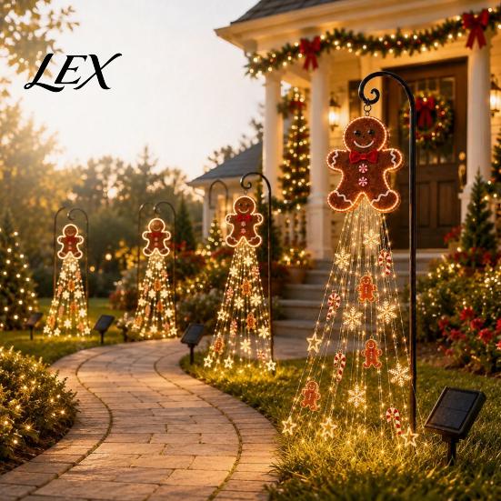 Festive Yard Stake Lights Gingerbread Solar Garden Light, Waterproof Outdoor Light with Warm Powered Snowman Alternatives Waterfall LED, Pathway Lamp