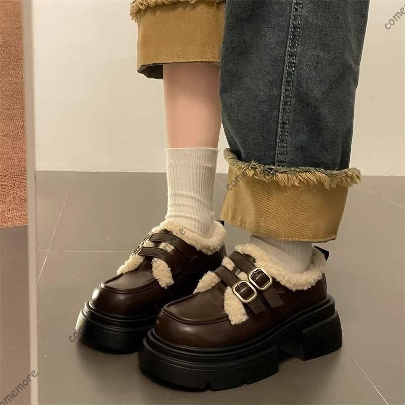 Comemore Black Leather Shoes for Women Winter New Thick-soled Loafers Padded Cotton Shoes Casual Heeled Belt Buckle Pumps