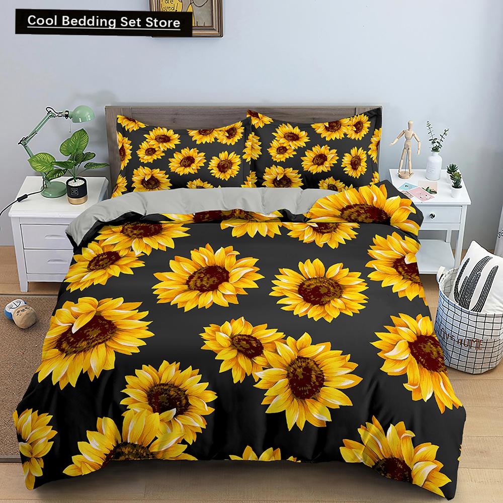 3D Sunflower King Queen Duvet Cover Yellow Flowers Bedding Set  Floral Green Leaves Comforter Cover 2/3pcs Polyester Quilt Cover