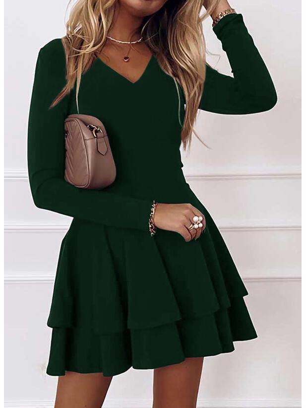 Women's Mid-Waist Solid Color Princess Pullover Dress with Spliced Hem