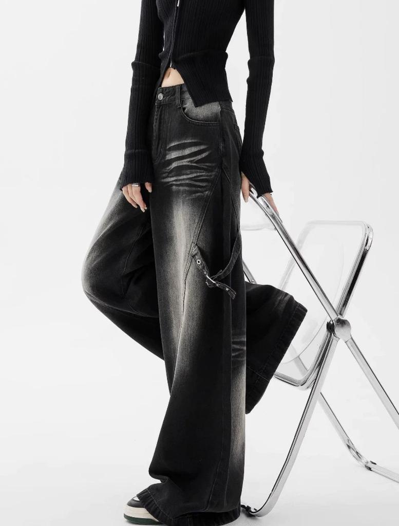 Women's Black Gradient Wide-Leg Jeans - 2025 Winter High-Waist Pear Shape Pants