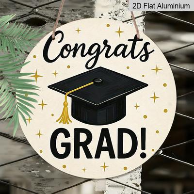 2D Flat, 1pc Round Aluminum Sign, "Congrats Grad!" Graduation Design, Simple Mortarboard & Gold Star Metal Wall Art, Minimalist Decor for Grad Party
