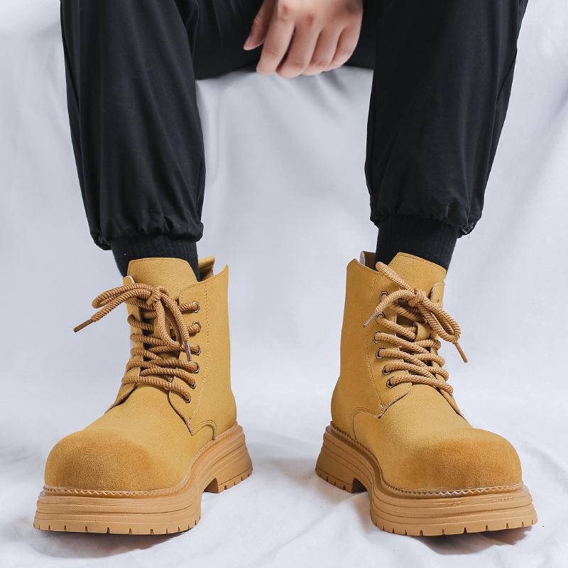 Hight Quality Classic British Street Style Leather Boots For Men Solid Yellow Hombre Daily Casual Dress Height Increasing Shoes