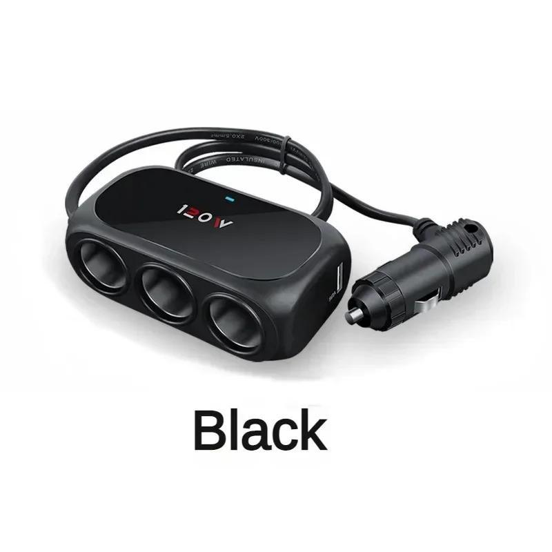 Car Lighter Adapter Charger Adapter Triple Splitter Lighter Output 12V ABS Black Cigar Car Adapter Lighter Multi Socket USB Port