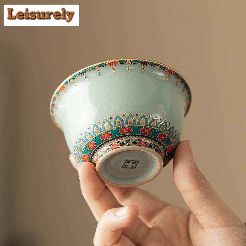85ml Ru Kiln Precious Flower Pressed Hand Teacup Vintage Tea Bowl Cute Cup Tea-tasting Meditation Cup Jianzhan Master Cups Cafes