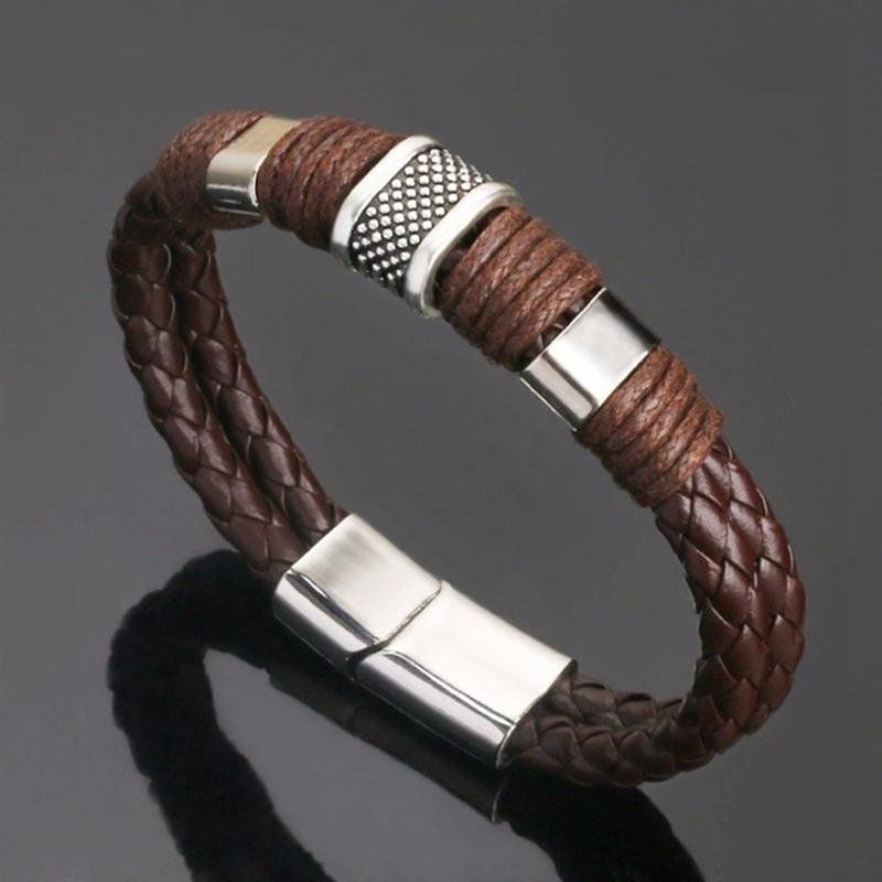 Vintage Brown Leather Bracelets For Men Husband Stainless Steel Multilayer Braided Rope Bangle Wrist Jewelry Gift Pulsera Hombre