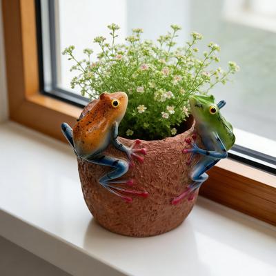 Maceta de Resina con 2 Ranas en el Borde Maceta Decorativa con Agujero de Drenaje para Hogar Oficina Escritorio Jardín Interior Exterior Decoración
