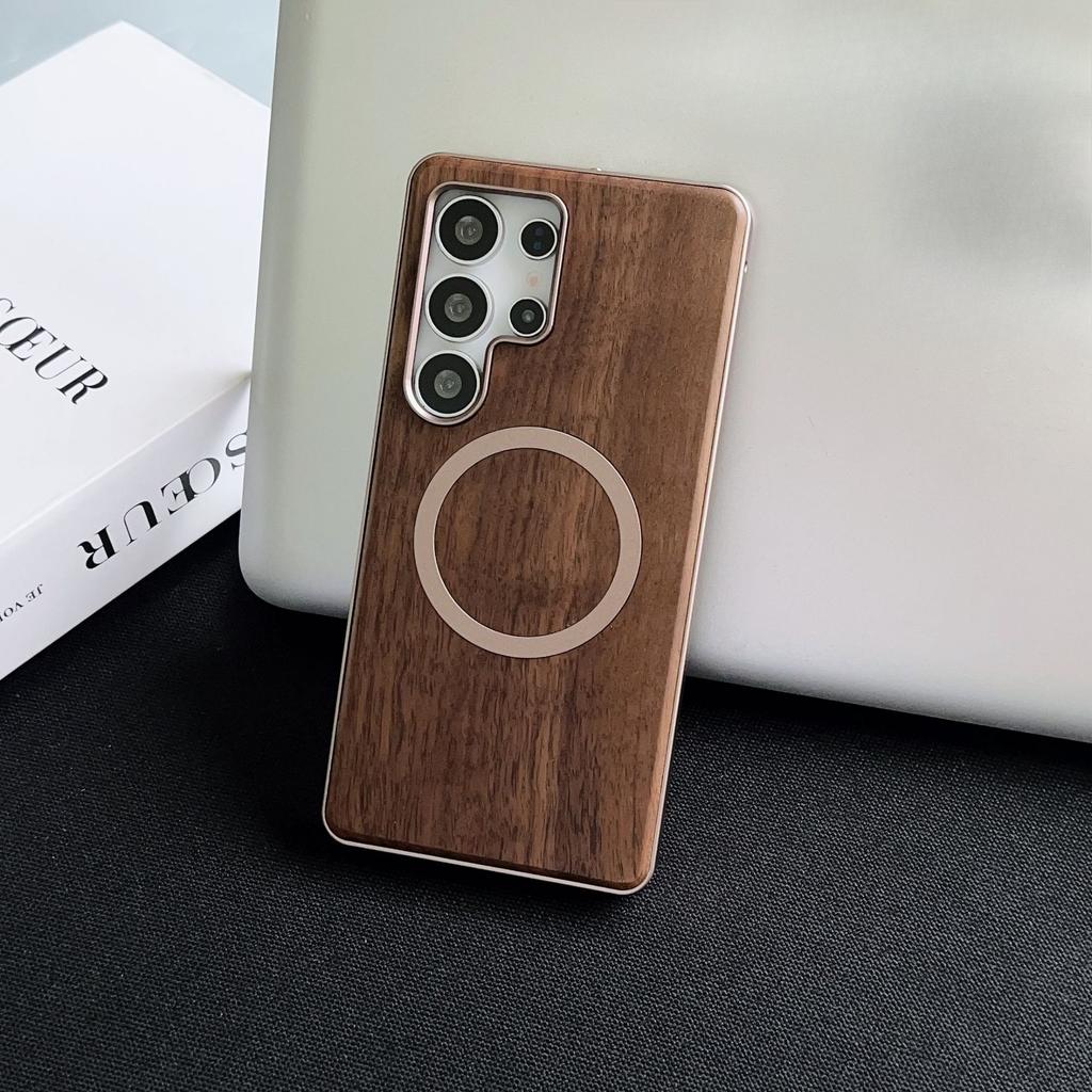 Suitable for Samsung S25ULTRA Elastic Buckle Mobile Phone Case Metal Frame Single-sided Peach Wood Back Plate Anti Fall Protection Case
