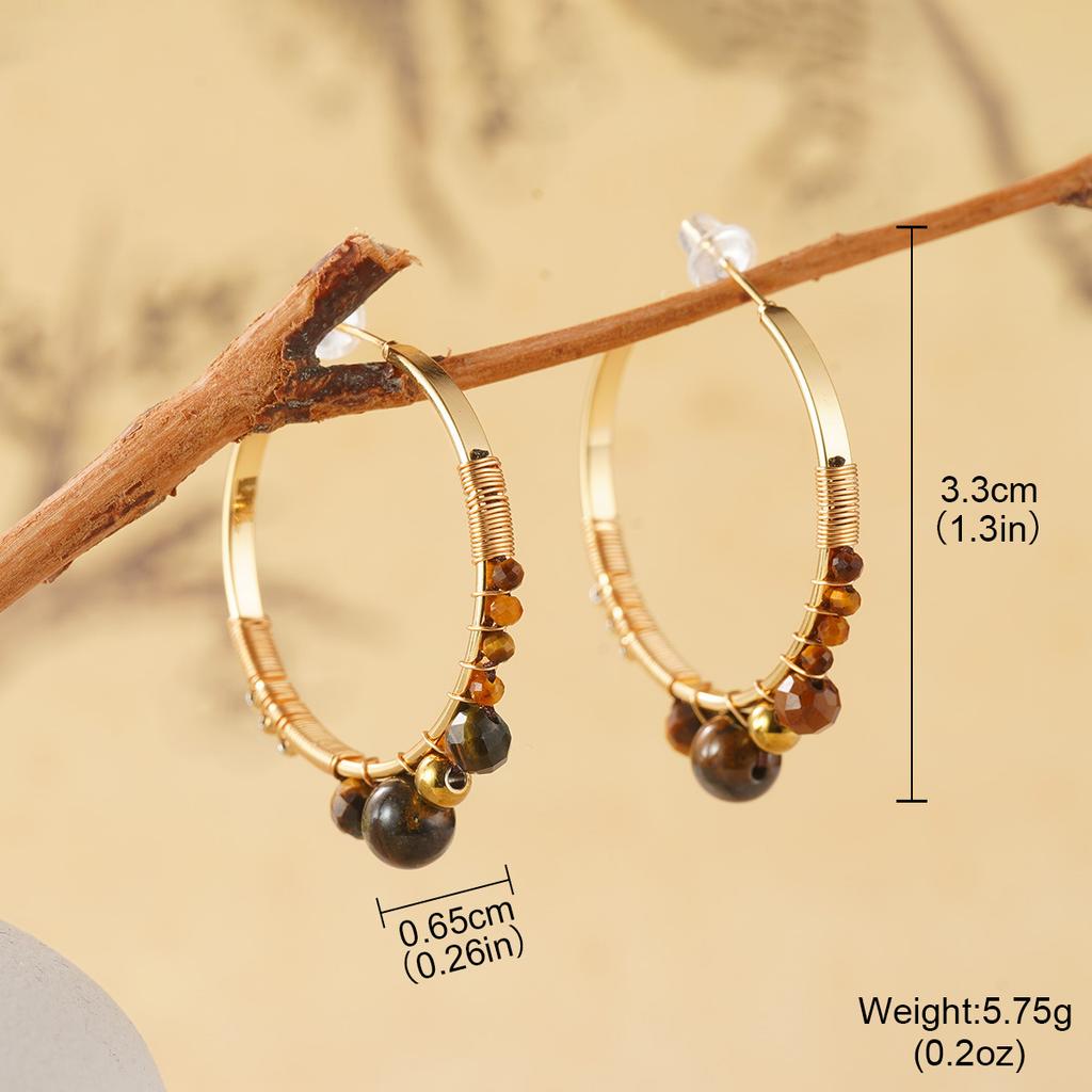 Autumn and winter geometric Maillard natural tiger's eye stone temperament beaded earrings retro style earrings high-end stud earrings