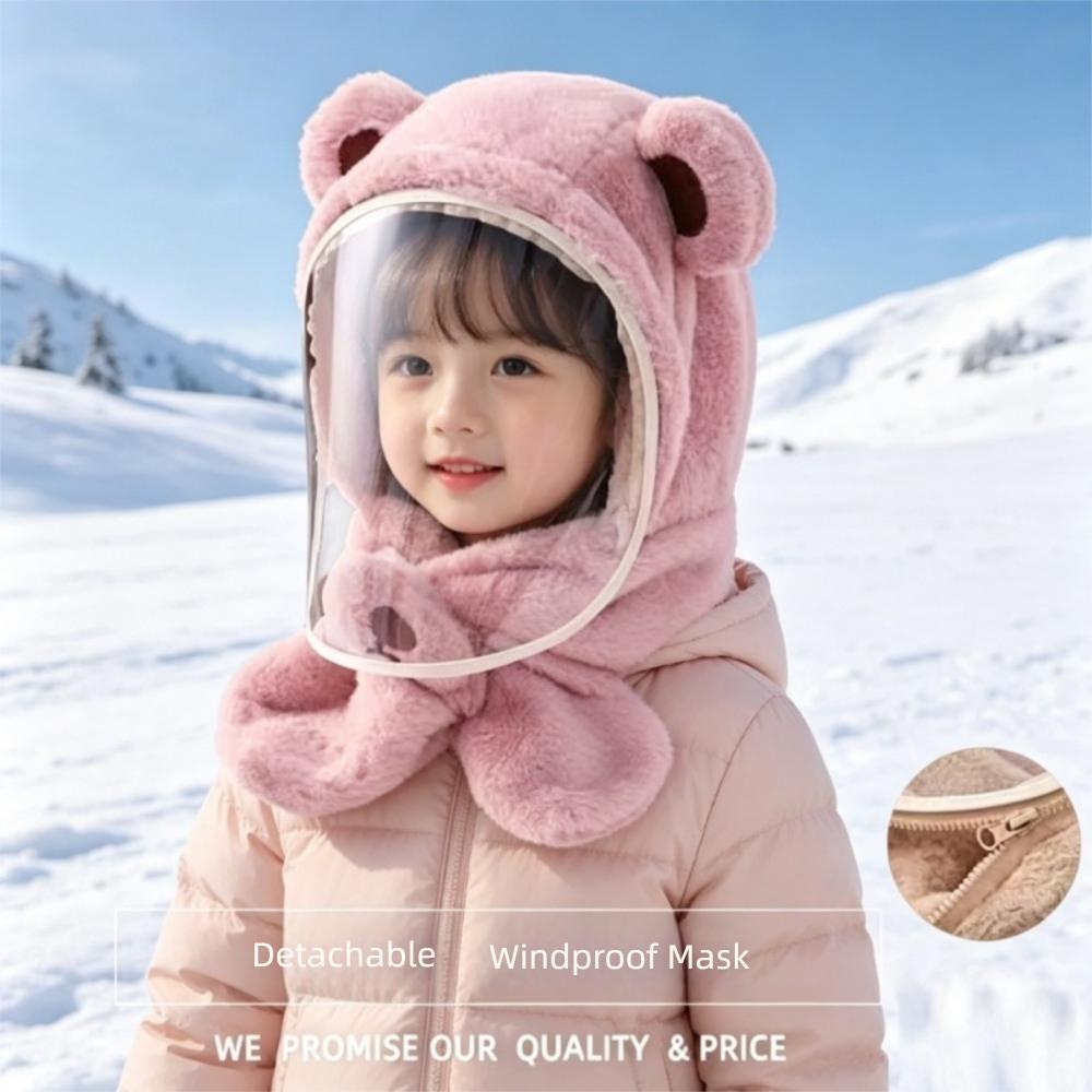 Cartoon Bear Mask Integrated Hat Windproof Plush Fleece Hat Cute Kids Winter Hat