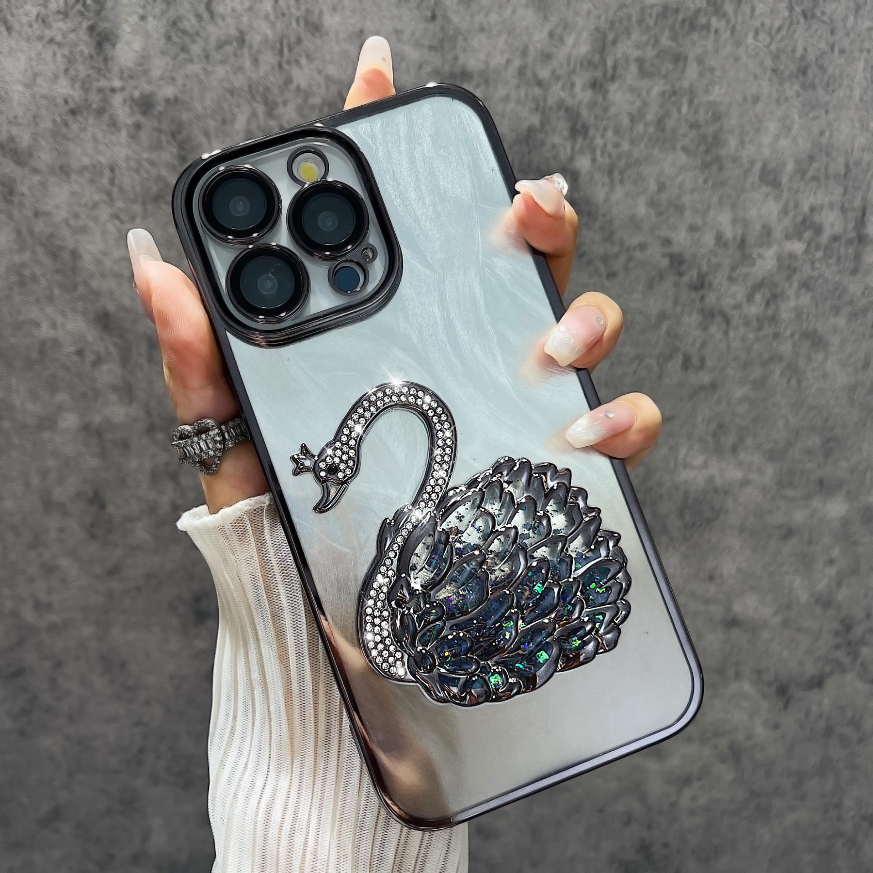 

For iPhone 15 Pro Case Feather Yarn Texture Quicksand Swan TPU Phone Cover with Glass Lens Film Black