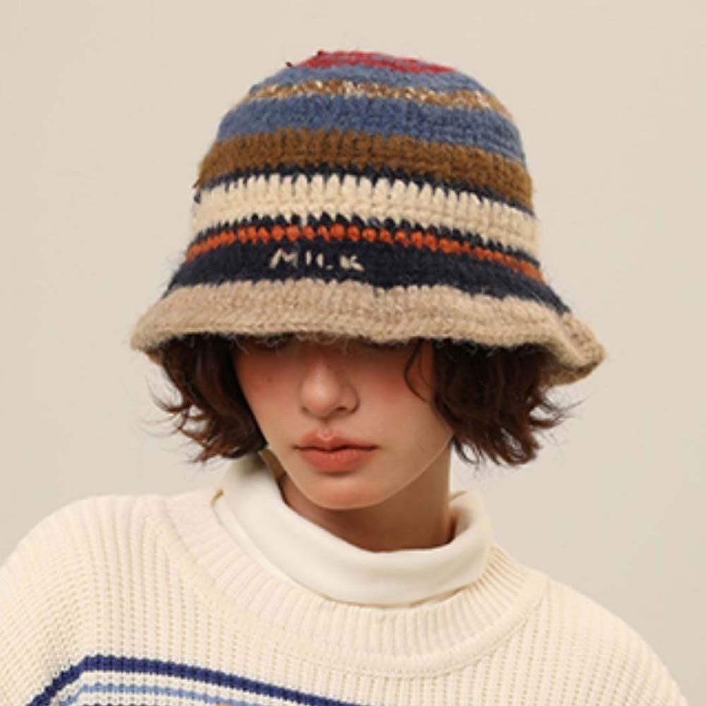 Anti-cold Knitted Bucket Hat Warm Woven Basin Cap Seaside Beach Cap Striped Fisherman Hat  Vacation