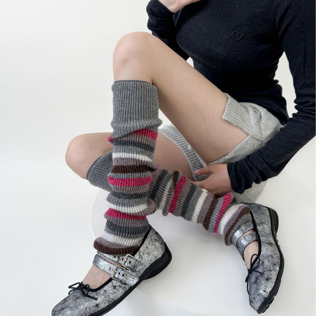 Autumn/Winter Retro Leg Warmers JK Striped Knitted Blocked Leg Cover College Style Wool Warm Foot Cover Stacking Color Socks New