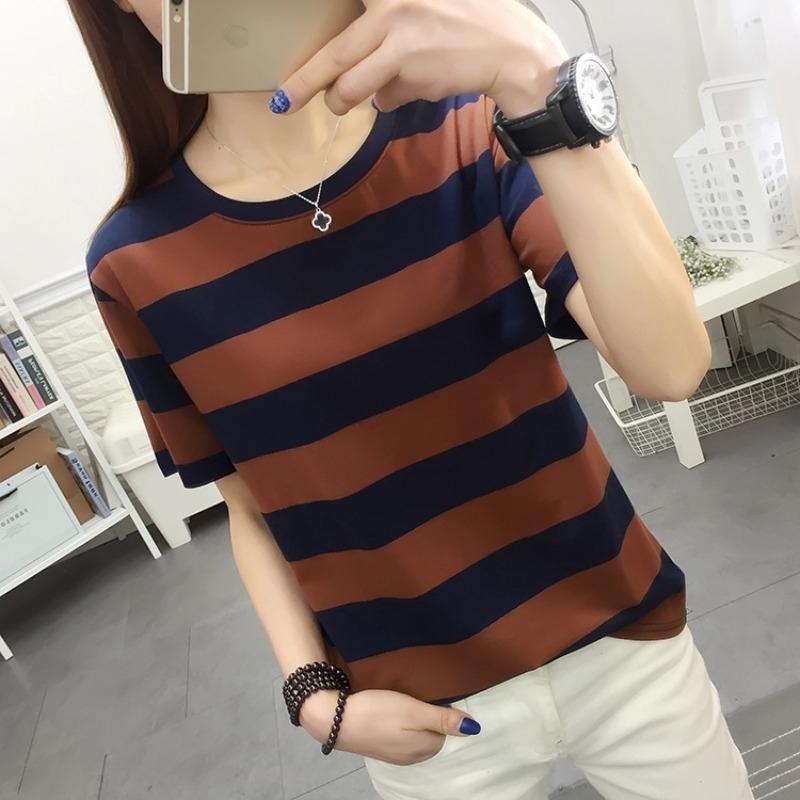 Summer Plus Size Women's Loose Short-sleeved T-shirt Women's Black and White Striped T-shirt Cotton Top