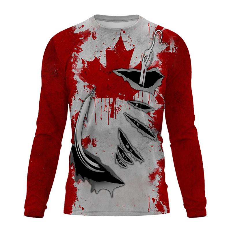 Kanadisches Angelhakenmuster T-Shirt für Herren Outdoor Angeln 3D-gedruckte T-Shirts Sommer Casual Langarm Locker O-Ausschnitt Oberteile Tee