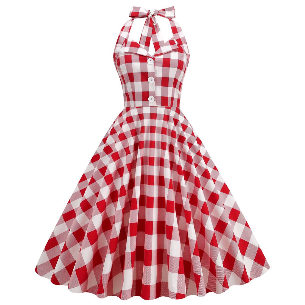 Women's sexy mid-length flared dress with a lapel collar, open front, checked pattern, halter neck and open back