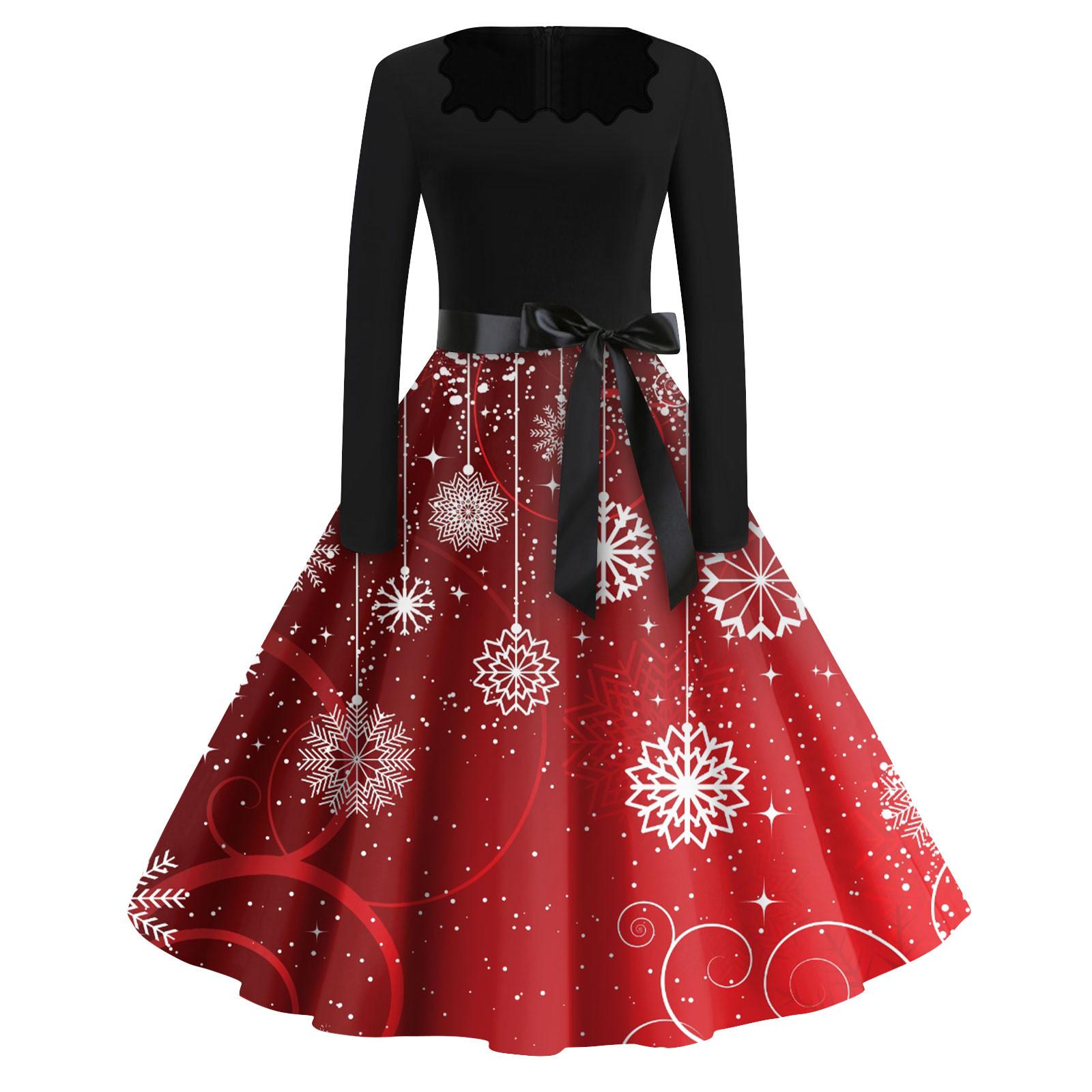 

Женская мода с квадратным вырезом, повседневные тонкие рождественские платья с длинным рукавом и принтом XXL