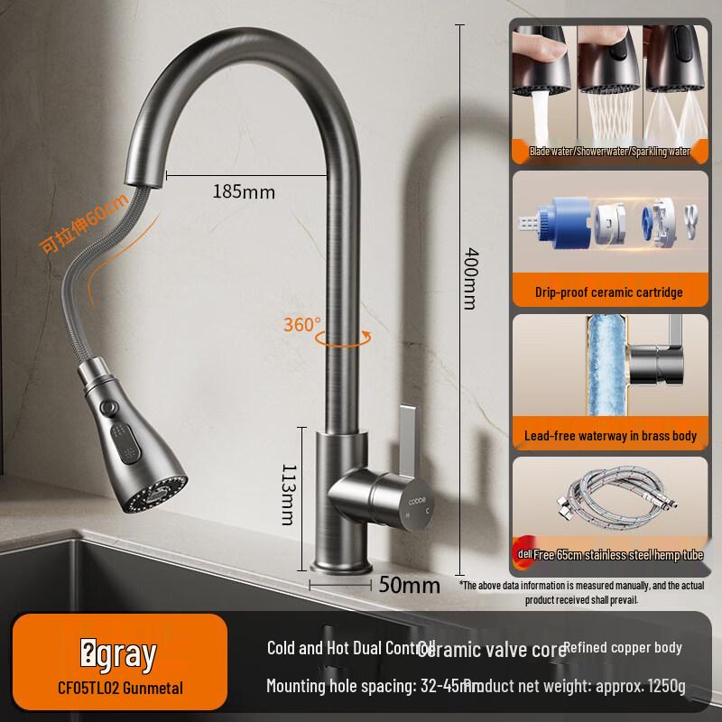 Aokewen Gunmetal Grey Three-Function Kitchen Faucet